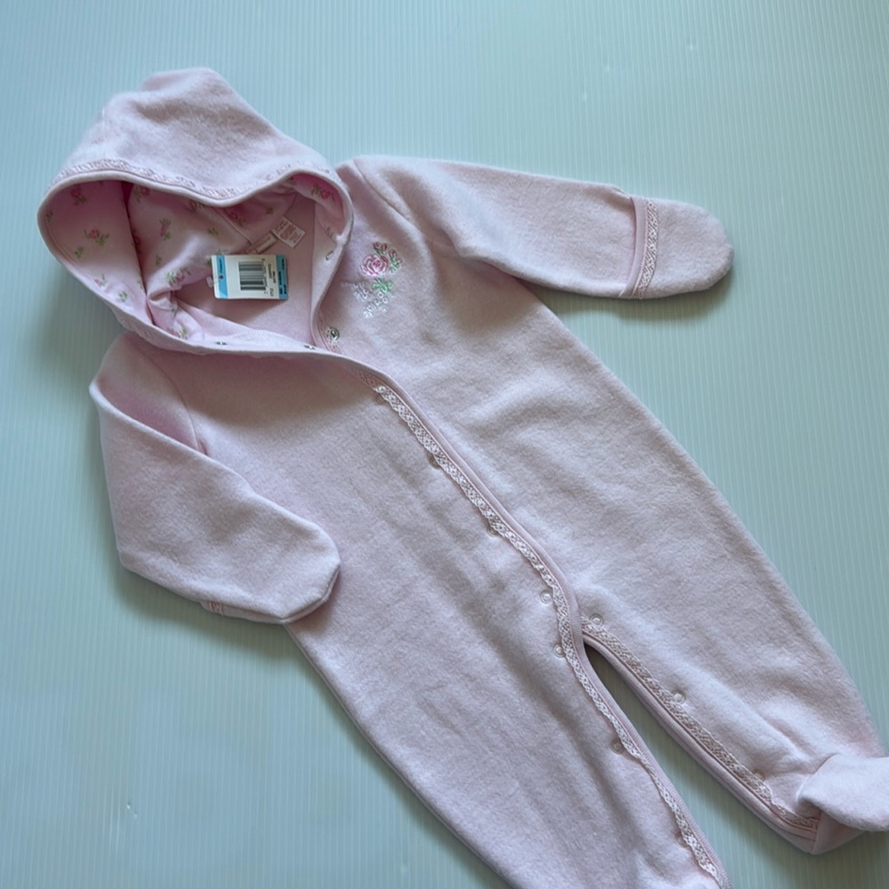 First Impressions pink snap up onesie with hood. Size 6-9 months